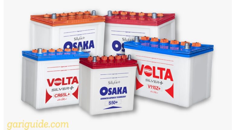 Display of different battery types and their labels, featuring a car battery in Pakistan.