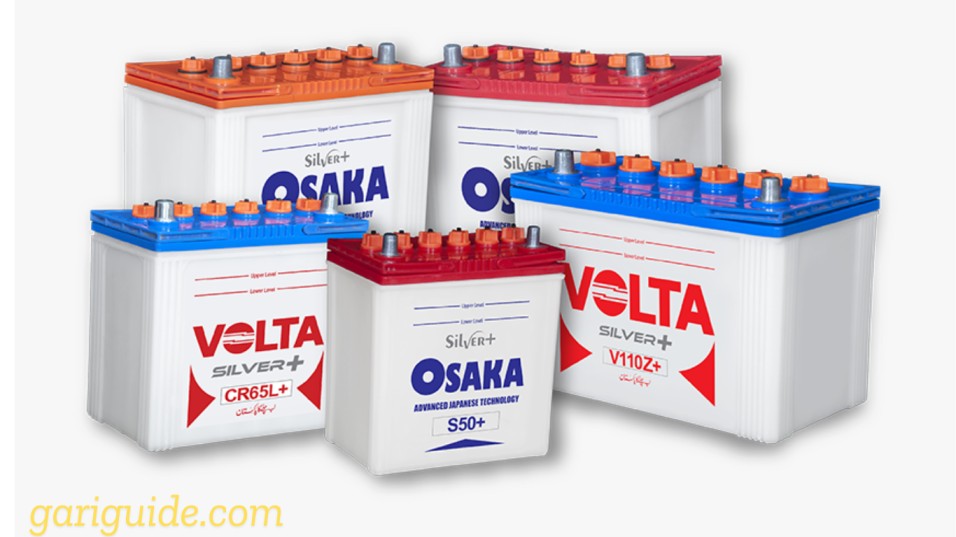 Display of different battery types and their labels, featuring a car battery in Pakistan.