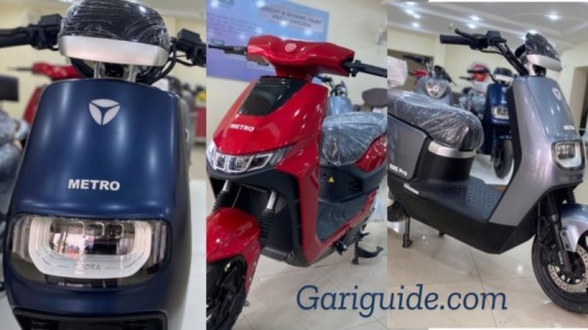 A showroom displaying four distinct types of scooters, showcasing various models of Electric Bikes in Pakistan for purchase.