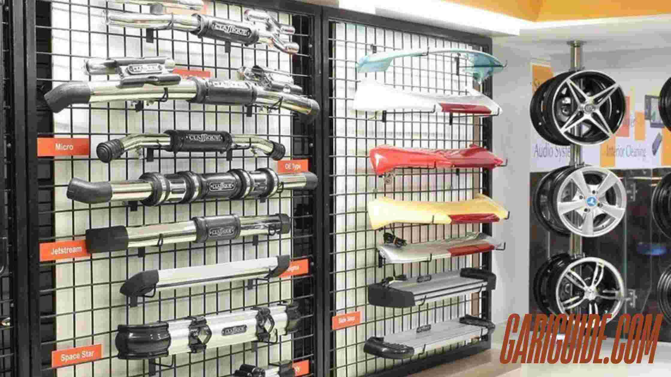 The image showing best car accessories store and well-organized display showcasing various wheels and tires in a retail store setting.