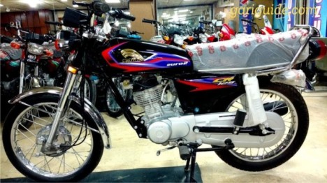 A motorcycle parked in a showroom, showcasing the Crown Bike model, with Crown Bike price in Pakistan 2025.