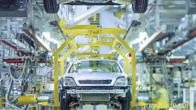 A car on the assembly line in Pakistan's automobile industry.