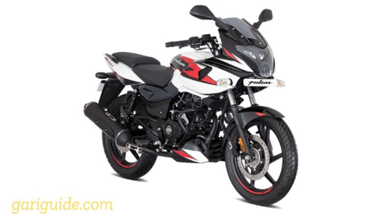 A sleek white and black motorcycle on a white background, representing a Bajaj bike price in Nepal.