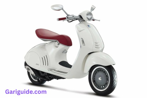 A white scooter with a red seat, showcasing a stylish design, and Vespa price in Pakistan.