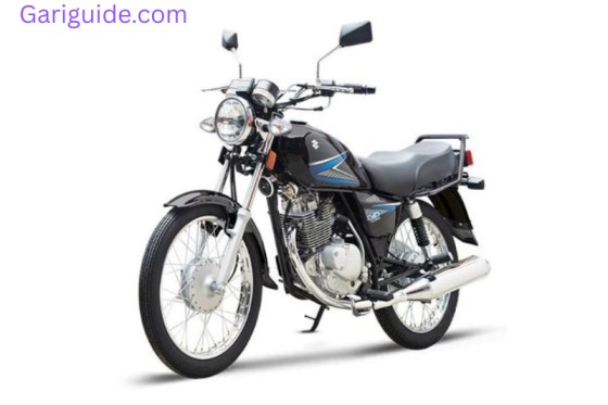 A Suzuki GS 150 motorcycle is displayed on a white background, highlighting its design and features.