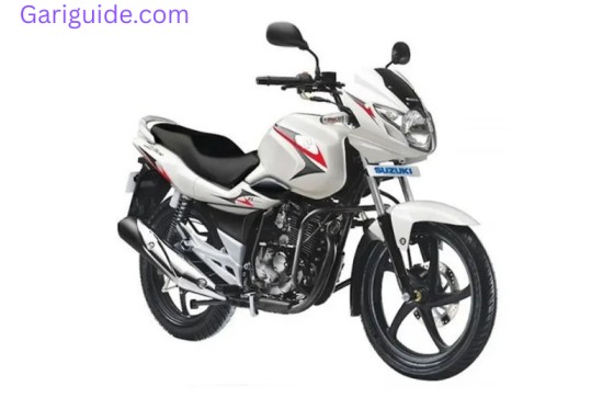 A white Suzuki GS 150 motorcycle parked against a white background, highlighting its sleek design and features.